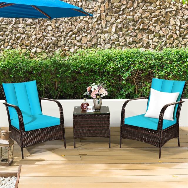 3PCS Patio Rattan Furniture Set with 2 Chairs, Cushions & Tempered Glass Top Coffee Table, Outdoor Wicker Conversation Set for Garden Deck