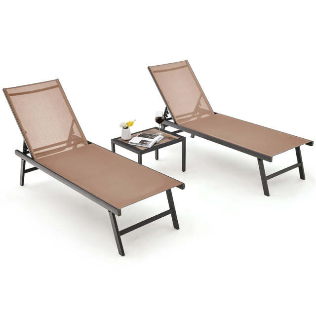 3-Piece Outdoor Aluminum Chaise Lounge Set with Side Table, 6-Position Adjustable Backrest Patio Lounge Chair for Poolside & Backyard