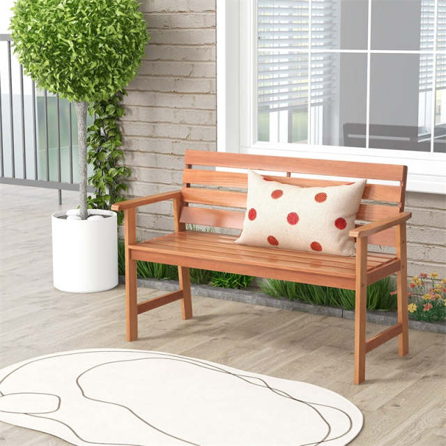 48" Solid Wood Patio Bench, Ergonomic 2-Seat Garden Bench with Slatted Seat & Inclined Backrest, Outdoor Loveseat for Backyard, Balcony
