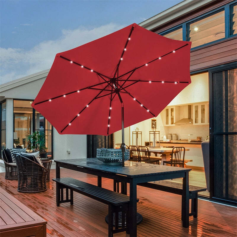 10FT Solar LED Patio Umbrella, Outdoor Steel Market Umbrella with 24 Lights, Crank & Tilt Adjustment for Backyard, Poolside, Garden
