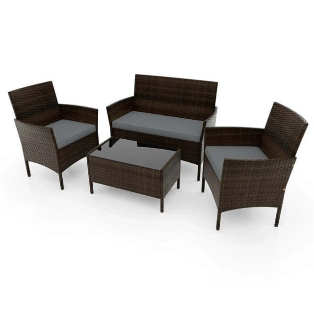4PCS Patio Rattan Conversation Set Outdoor Garden Wicker Furniture Set with Loveseat Chair, Tempered Glass Coffee Table & Cushions