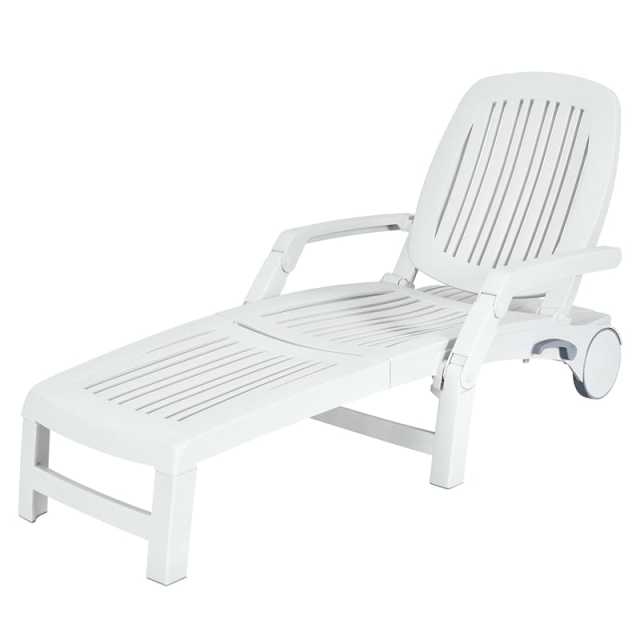 he Folding Outdoor Chaise Lounge, Weatherproof Plastic Lounge Chair with 6-Position Adjustable Backrest & Wheels for Poolside, Patio, Beach