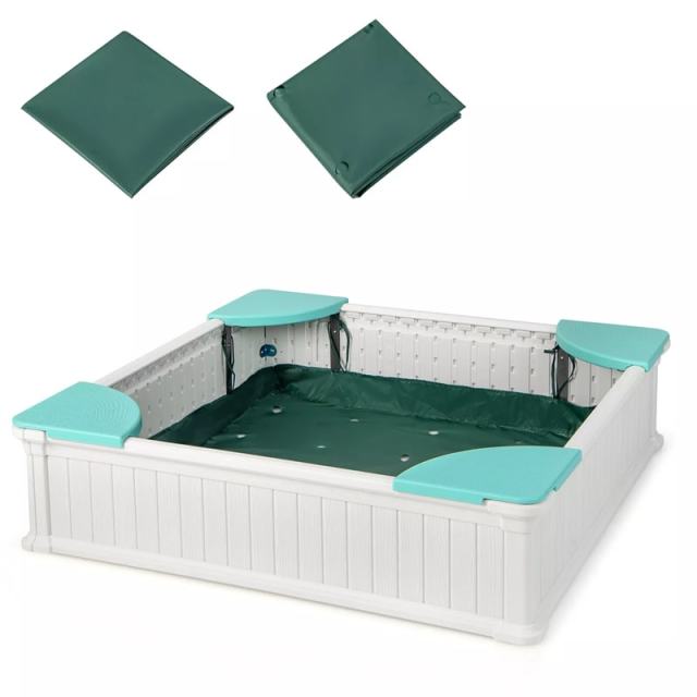 4FT Kids Sandbox, Weather Resistant HDPE Square Sand Pit with Oxford Cover & Bottom Liner for Outdoor Backyard, Lawn, Garden & Beach Play
