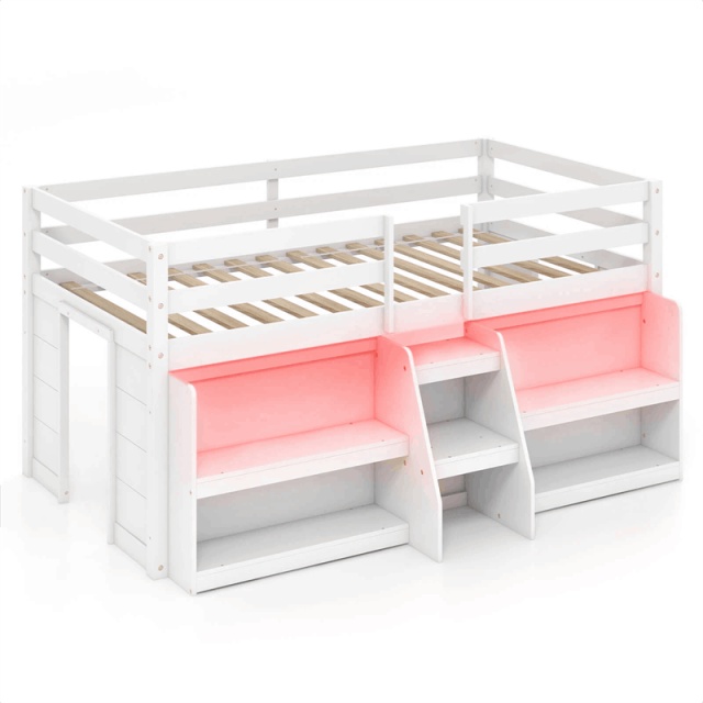 Twin Low Loft Bed for Kids, Wooden Loft Bed with Adjustable LED Lights, Stairs, Safety Guardrail, Storage Bookcase & Under Bed Play Area