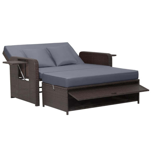 Patio Rattan Daybed Set, Outdoor Wicker Loveseat Sofa w/Multipurpose Ottoman, Retractable Side Tray, 4-Level Adjustable Backrest & Cushions