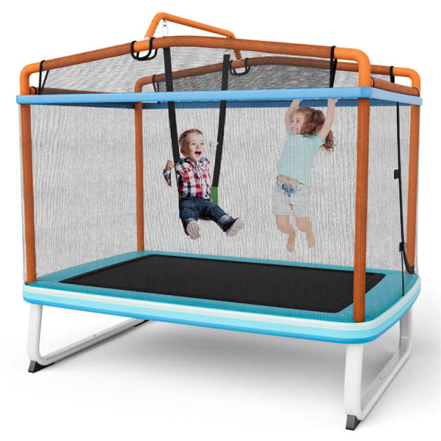 6FT Rectangle Kids Trampoline with Enclosure Net, Horizontal Bar & Swing, ASTM Approved Recreational Mini Trampoline for Toddler Indoor Outdoor