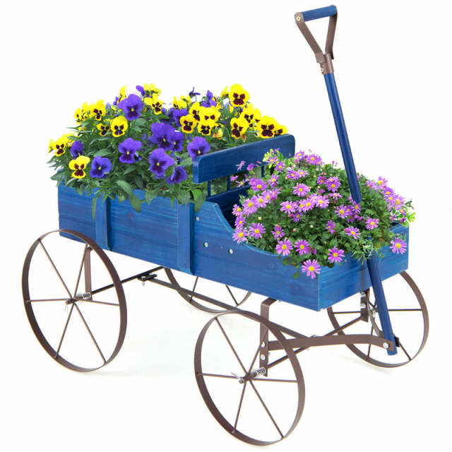 Wooden Wagon Planter with Wheels, Adjustable Handle, 2 Planting Sections, Decorative Garden Cart Planter for Indoor Outdoor, Patio, Backyard