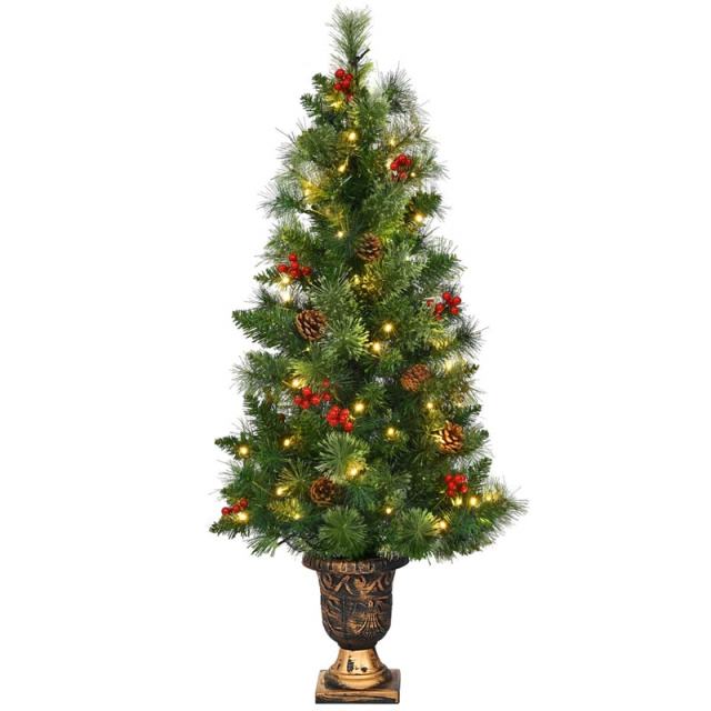 5FT Pre-Lit Entrance Christmas Tree with 100 LED Lights, Red Berries & Pine Cones, Artificial Tabletop Xmas Tree for Indoor Outdoor Holiday Decor