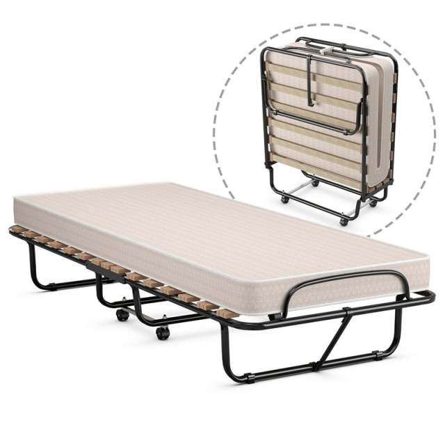 Folding Bed with 4" Memory Foam Mattress, Metal Frame Portable Rollaway Guest Bed Foldable Cot Bed for Adults, Made in Italy