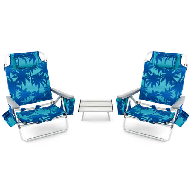 3PCS Folding Backpack Beach Chairs with Side Table, Cooler Bag, Cup Holder, 5-Position Reclining Beach Chairs for Camping Sunbathing