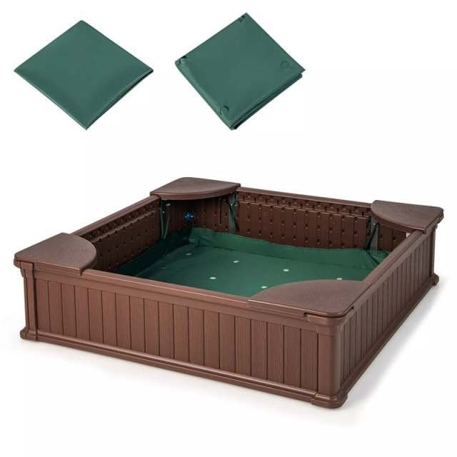 4FT Kids Sandbox, Weather Resistant HDPE Square Sand Pit with Oxford Cover & Bottom Liner for Outdoor Backyard, Lawn, Garden & Beach Play