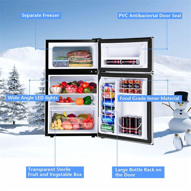 3.2 Cu. Ft. 2-Door Mini Fridge with Freezer, Compact Refrigerator with Temperature Control, Removable Shelves & Reversible Door for Dorm Office