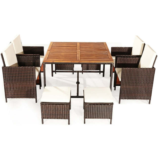 9-Piece Acacia Wood Rattan Patio Dining Set w/Cushioned Chairs, Ottomans & Umbrella Hole, Space Saving Outdoor Furniture for Backyard Garden