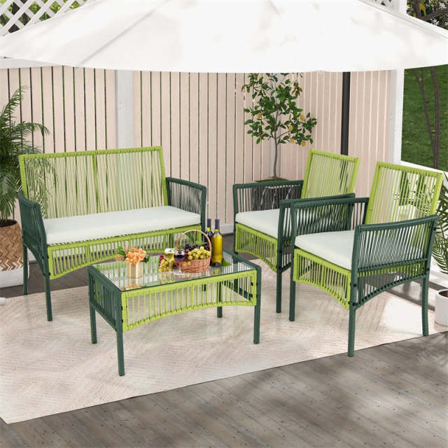 4 Piece Patio Wicker Conversation Set Metal Frame Outdoor Wicker Chair Set with Cushions & Tempered Glass Side Table for Backyard Balcony