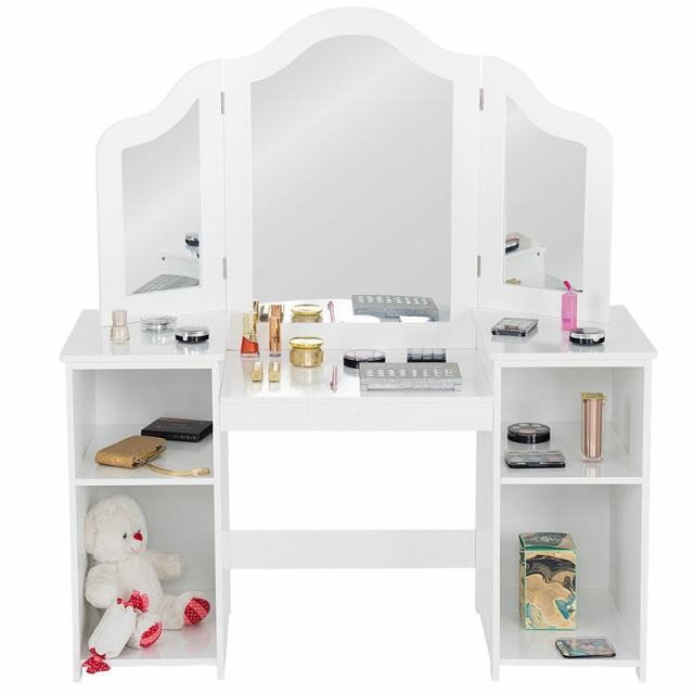 Kids Makeup Vanity Table, 2-in-1 Princess Dressing Table with Tri-folding Detachable Mirror & Storage Shelves, Pretend Play Girls Study Desk