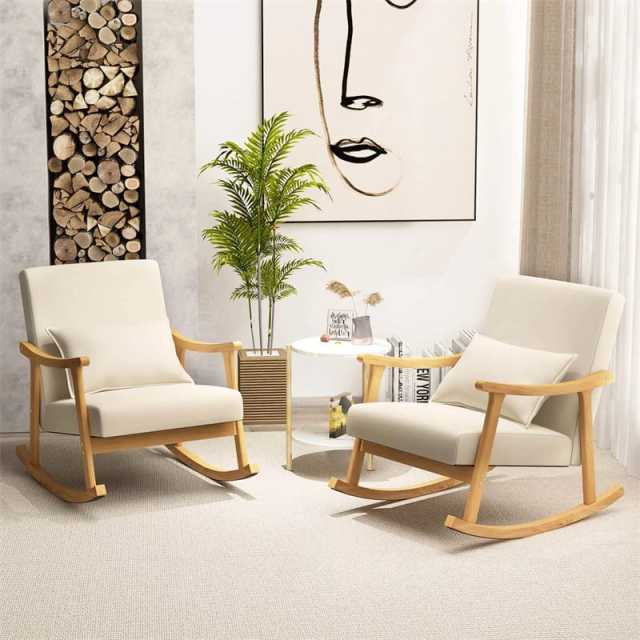 he3 Upholstered Rocking Chair with Rubber Wood Frame, Lumbar Pillow, Padded Seat & Backrest, Modern Rocker for Living Room, Bedroom, Nursery, Office