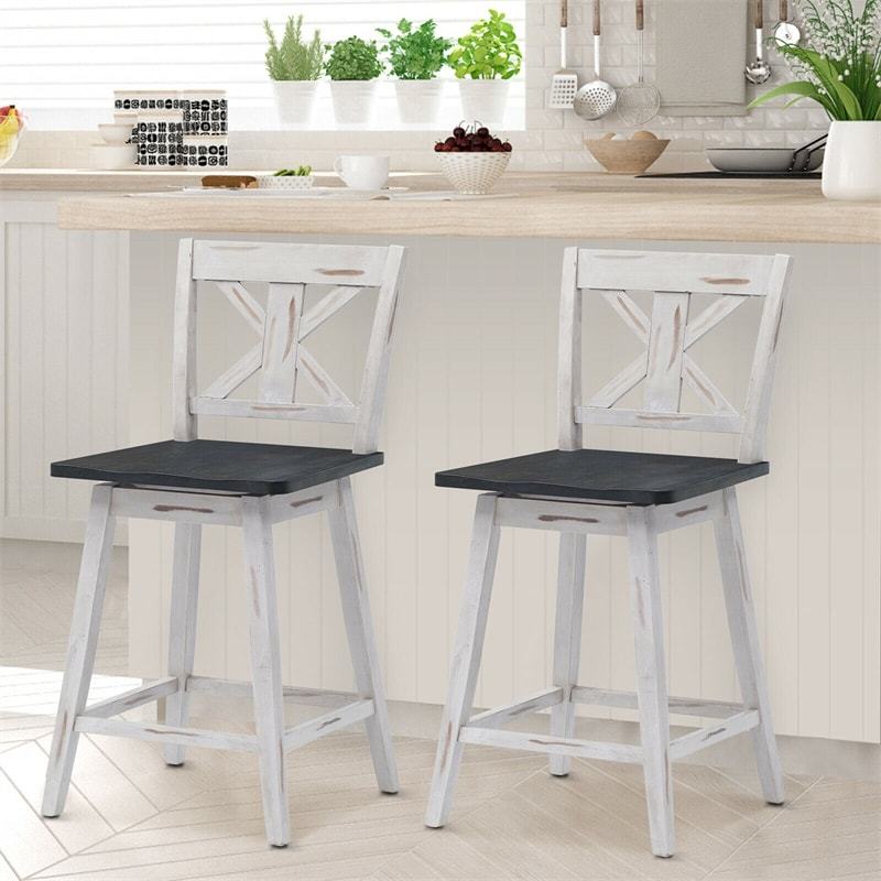 24" Rubber Wood Bar Stools Set of 2, 360° Swivel Counter Height Bar Chairs with Back & Non-Slip Foot Pads for Kitchen Island, Dining Room, Restaurant