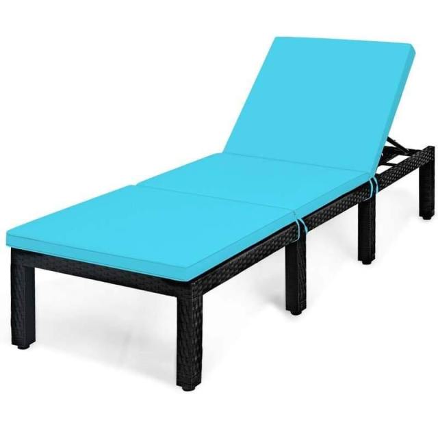 Rattan Outdoor Chaise Lounge Chair with Cushions, 7-Position Adjustable Backrest, Steel Frame Patio Sun Lounger for Poolside, Backyard