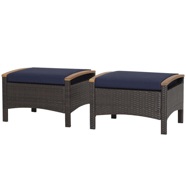 2PCS Patio PE Rattan Ottomans w/ Acacia Wood Handle & Removable Cushion, 3-in-1 Wicker Outdoor Footrest Seat & Side Table for Poolside, Backyard