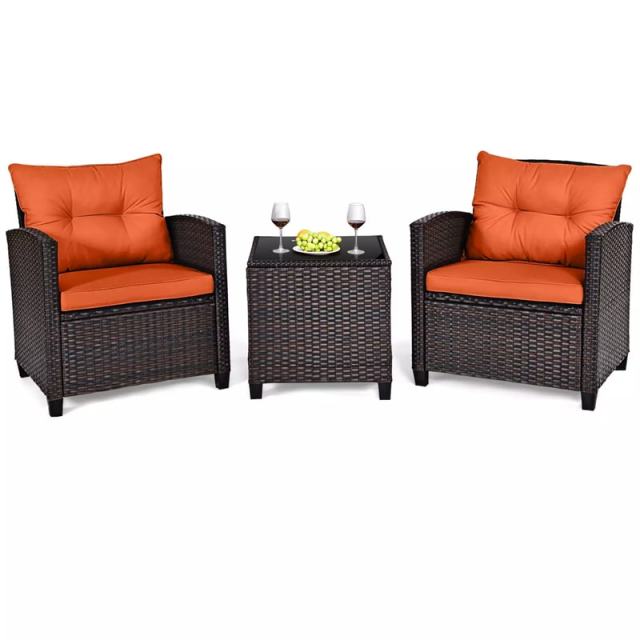 3PCS Rattan Patio Furniture Set with Washable Cushions & Tempered Glass Coffee Table, Outdoor Wicker Conversation Set for Garden, Balcony