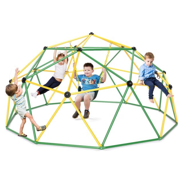 10FT Climbing Dome with Swing, Geometric Dome Climber Indoor Outdoor Jungle Gym Monkey Bar Climbing Toys for Kids Toddlers