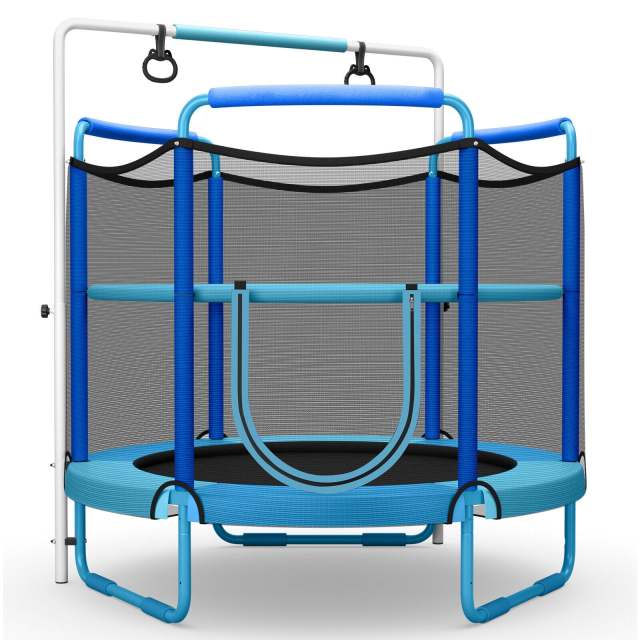 60" Mini Kids Trampoline, ASTM Approved Indoor Outdoor Toddler Trampoline with Swinging Rings, Adjustable Horizontal Bar & Safety Enclosure Net