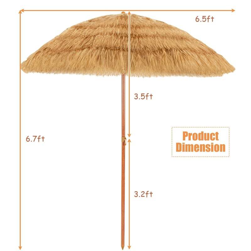 6.5FT Thatched Tiki Patio Umbrella, Hawaiian Style Outdoor PE Grass Umbrella with 8-Rib Tilt Mechanism for Beach, Garden, Poolside, Tropical Oasis
