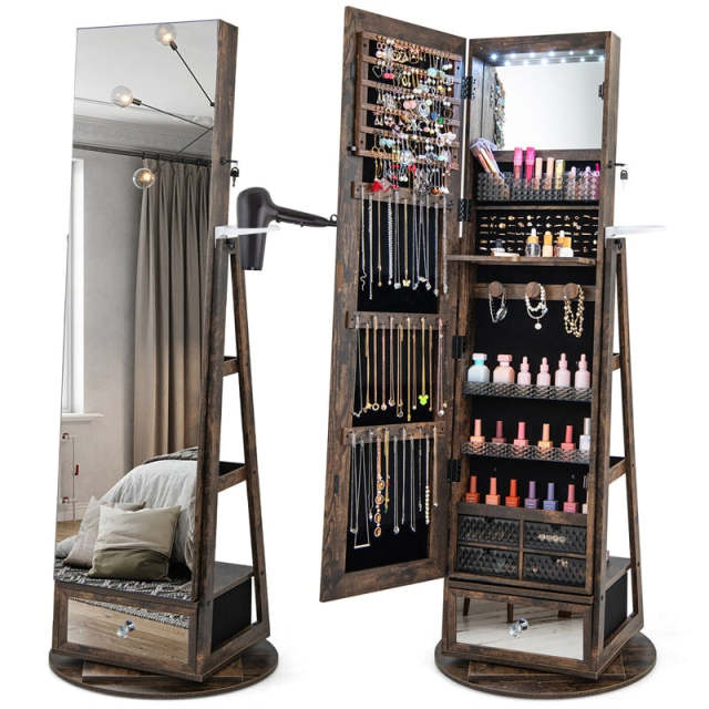 360° Swivel Jewelry Cabinet Armoire, Full-Length Mirror with LED Lockable Jewelry Organizer, Hairdryer Holder, Drawer, Rear Storage Shelves