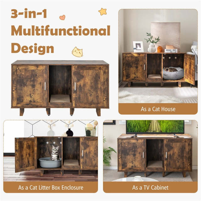 Double Cat Litter Box Enclosure, Large Hidden Cat Washroom Furniture with 2 Cabinets & Scratching Board, Cat House TV Stand Side Table