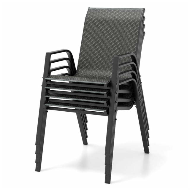 Patio Rattan Chairs Set of 4 Stackable Outdoor Dining Chairs with Wicker Woven Backrest & Seat, Heavy-Duty Metal Frame