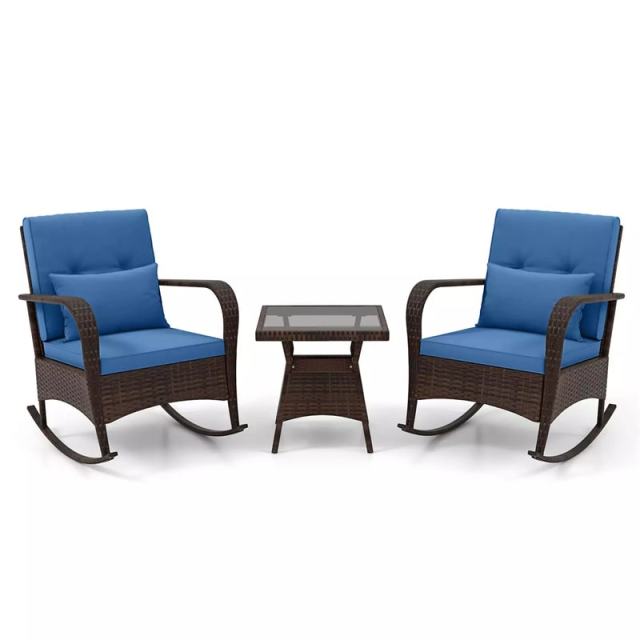 3-Piece PE Rattan Rocking Bistro Set with Removable Cushions & Tempered Glass Table, Outdoor Patio Furniture Set for Porch, Poolside, Backyard