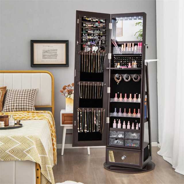360° Swivel Jewelry Cabinet Armoire, Full-Length Mirror with LED Lockable Jewelry Organizer, Hairdryer Holder, Drawer, Rear Storage Shelves