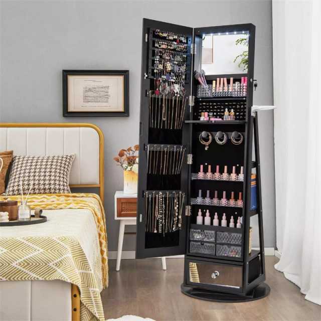 360° Swivel Jewelry Cabinet Armoire, Full-Length Mirror with LED Lockable Jewelry Organizer, Hairdryer Holder, Drawer, Rear Storage Shelves