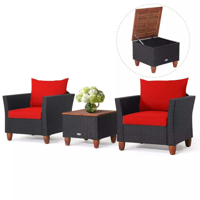 3PCS Patio Rattan Furniture Set Cushioned Sofa Chair Storage Coffee Table with Acacia Wood Top, Outdoor Wicker Conversation Set for Garden