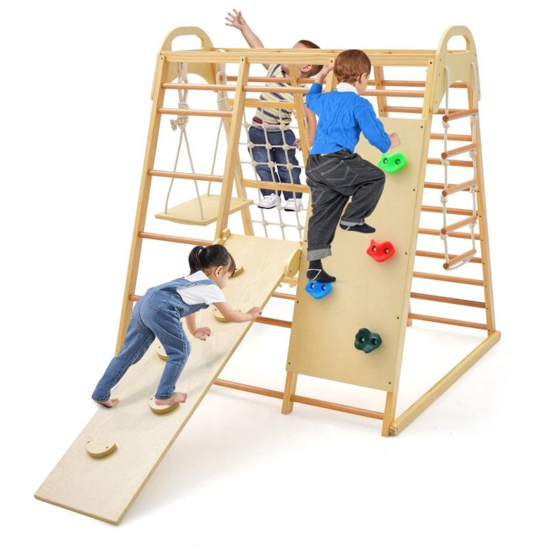 8-in-1 Kids Indoor Jungle Gym, Wooden Montessori Playground Climbing Playset with Slide, Swing, Monkey Bars, Rope Ladder for Boys & Girls