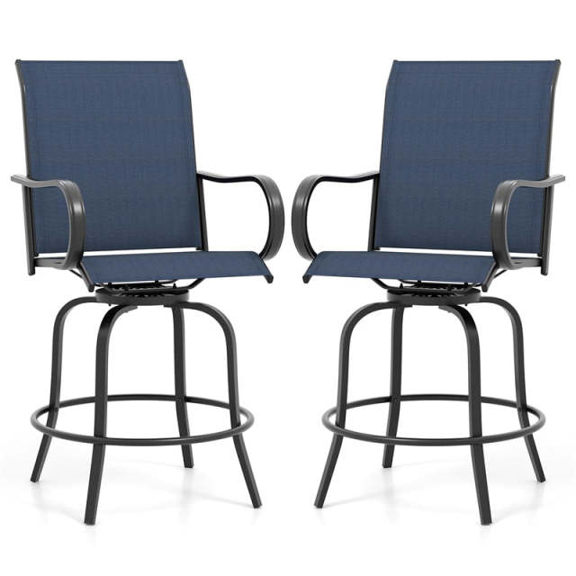 Outdoor Swivel Bar Stools Set of 2, All-Weather Steel Frame Bar Height Patio Chairs with Curved Armrests, High Back & Cozy Footrest