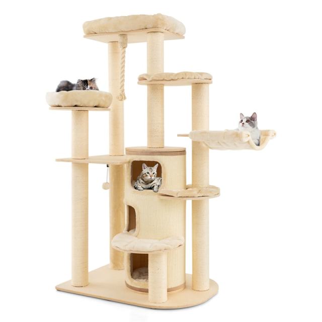 67" Tall Cat Tree, Modern Multi-Level Cat Tower with 3-Story Condo, 2 Perch, Hammock, Sisal Posts & Hanging Play Rope for Large Indoor Cats 20 lbs