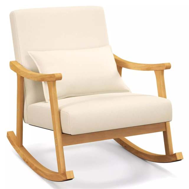 Upholstered Rocking Chair with Rubber Wood Frame, Lumbar Pillow, Padded Seat & Backrest, Modern Rocker for Living Room, Bedroom, Nursery, Office