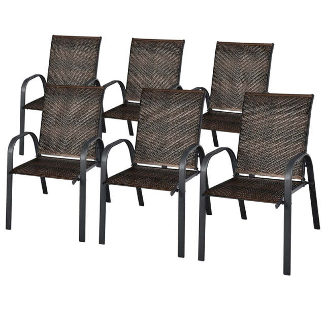 Outdoor PE Wicker Stackable Chairs Set of 6, Patio Rattan Dining Chairs with Armrest & Sturdy Steel Frame for Garden, Backyard, Deck, Lawn