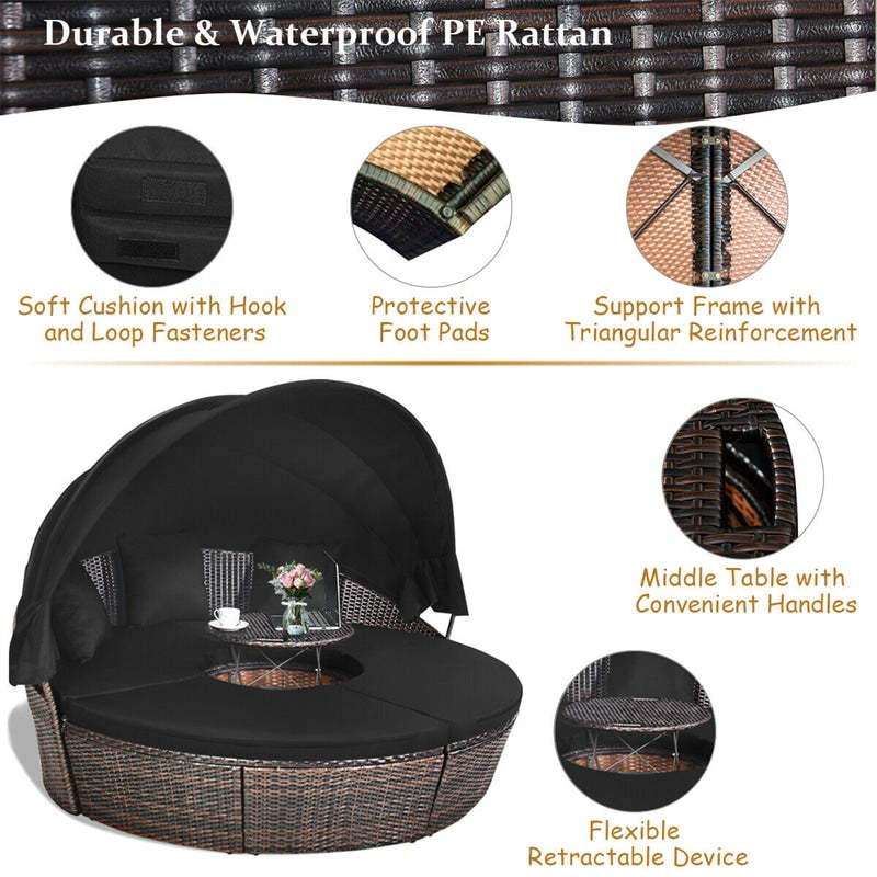 Round Patio Rattan Daybed with Retractable Canopy, Adjustable Coffee Table & Cushions, Outdoor Wicker Sectional Sofa for Poolside, Backyard