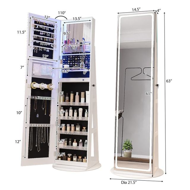 360° Swivel Jewelry Armoire with Full Length Mirror, Adjustable 3-Color LED Lights & Storage Rack, Lockable Standing Jewelry Cabinet Organizer