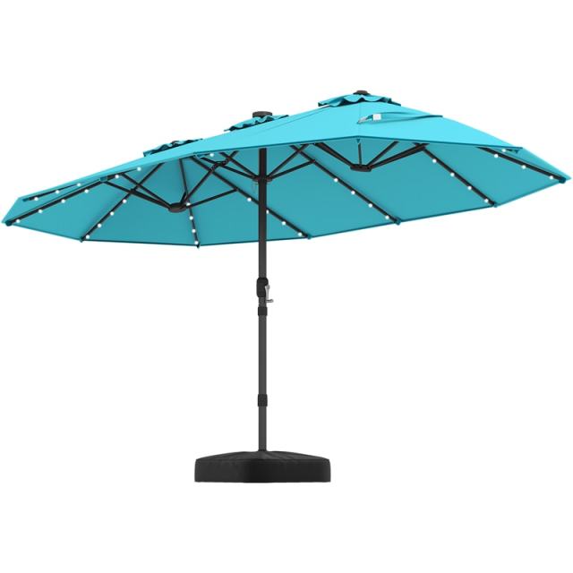 15FT Double-Sided Patio Umbrella with Base, 48 Solar LED Lights & Crank Handle, Extra Large Double Outdoor Umbrella for Poolside, Backyard