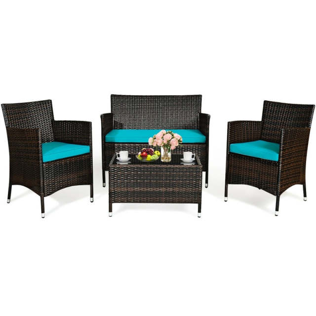 4PCS Patio Rattan Conversation Furniture Set with Cushions & Tempered Glass Coffee Table, Outdoor Rattan Sofa Set for Garden Lawn Poolside