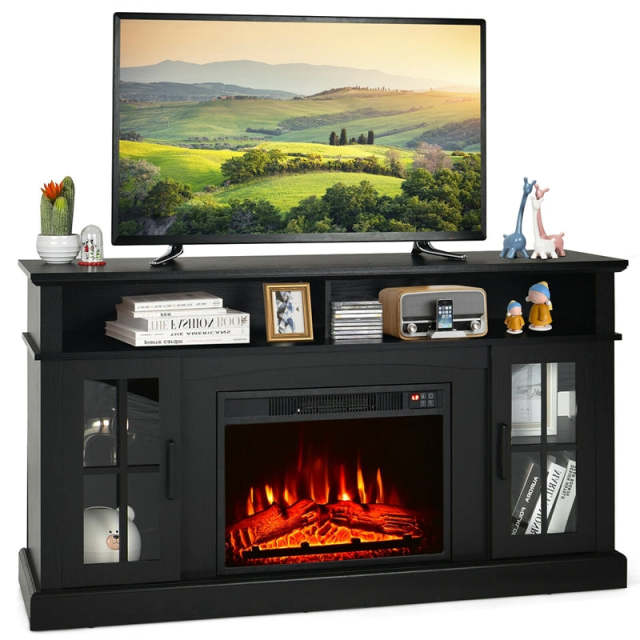 Electric Fireplace TV Stand for TVs Up to 65", 1400W Heater Insert with Remote Control, 3-Level Flame, Overheat Protection, Adjustable Shelves