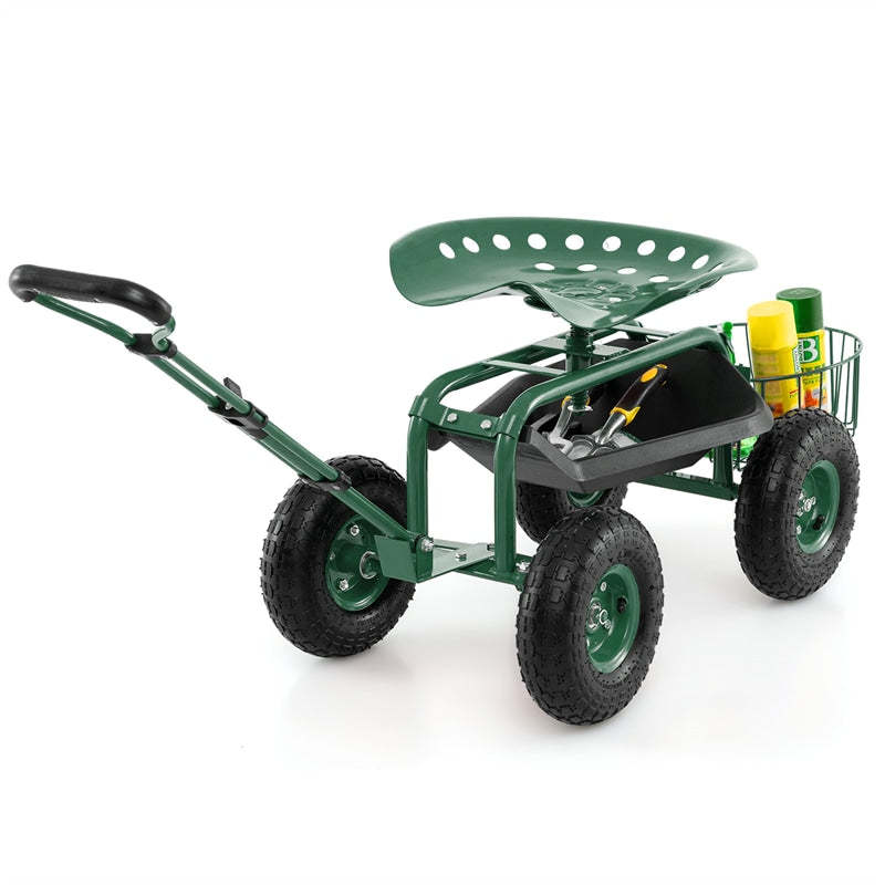 Heavy Duty Rolling Garden Cart with 360° Swivel Seat, Extendable Handle, Tool Tray & Storage Basket, 4-Wheel Gardening Workseat for Patio Yard