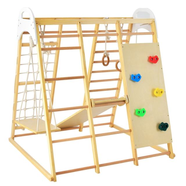 Indoor Jungle Gym for Kids, 8-in-1 Toddler Wooden Montessori Indoor Playground Climber Playset with Slide, Monkey Bars, Climbing Rock & Net