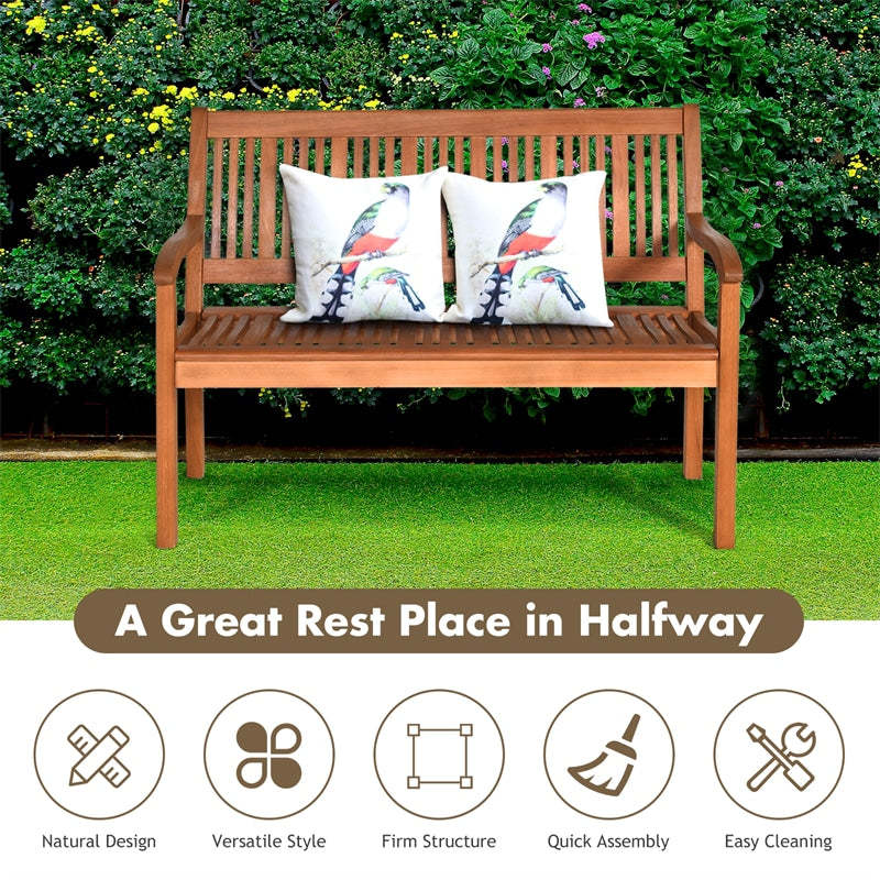 50" Solid Wood Garden Bench, 2-Person Outdoor Loveseat Bench with Curved Backrest & Wide Armrests for Patio, Porch & Poolside