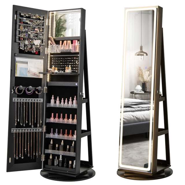 360° Swivel Jewelry Armoire with Full Length Mirror, Adjustable 3-Color LED Lights & Storage Rack, Lockable Standing Jewelry Cabinet Organizer