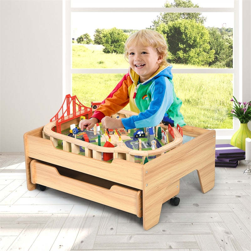 Wooden Kids Train Table with 100 Multicolor Pieces, Tracks & Storage Drawer, Activity Play Table Toddler Toy Train Table, Gift for Boys Girls h1