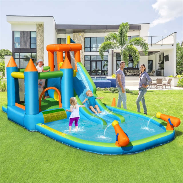 Inflatable Water Slide, 8-in-1 Kids Bounce House Water Park with Slide, Splash Pool, Ball Pit, Hide & Seek Cave for Indoor/Outdoor Backyard Party Fun